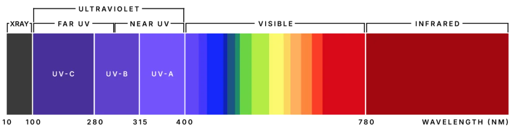 Ultraviolet spectrum showing UV-C, UV-B, and UV-A at progressively longer wavelengths, followed by visible light and infrared.