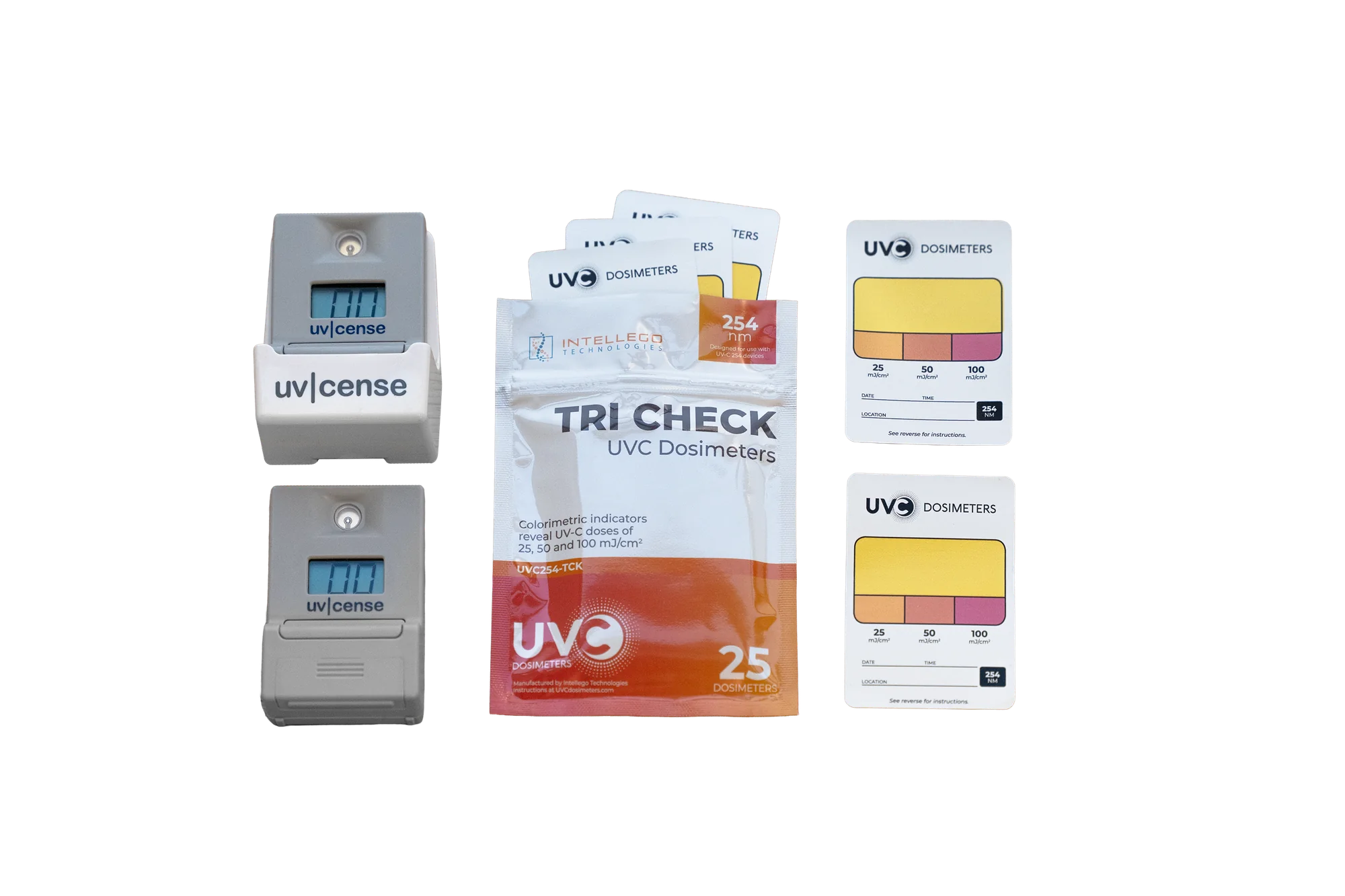UV-C dosimeter products, including electronic meters and color-changing indicator cards with comparison color scales.