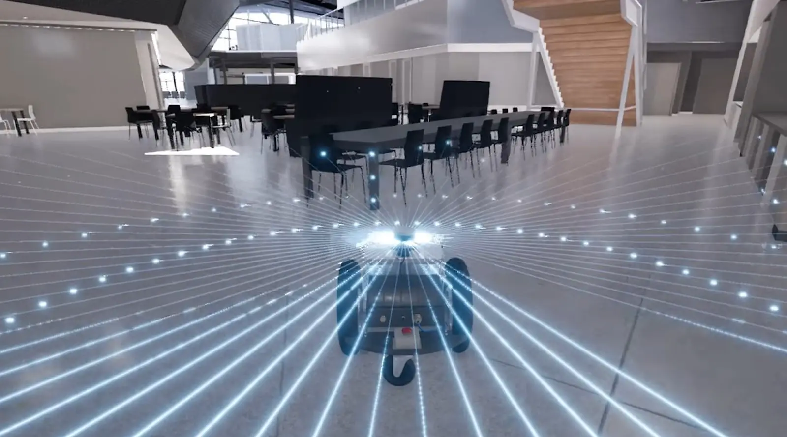 Disinfection robot in an open office atrium, blue beams radiating outward across the floor in every direction.