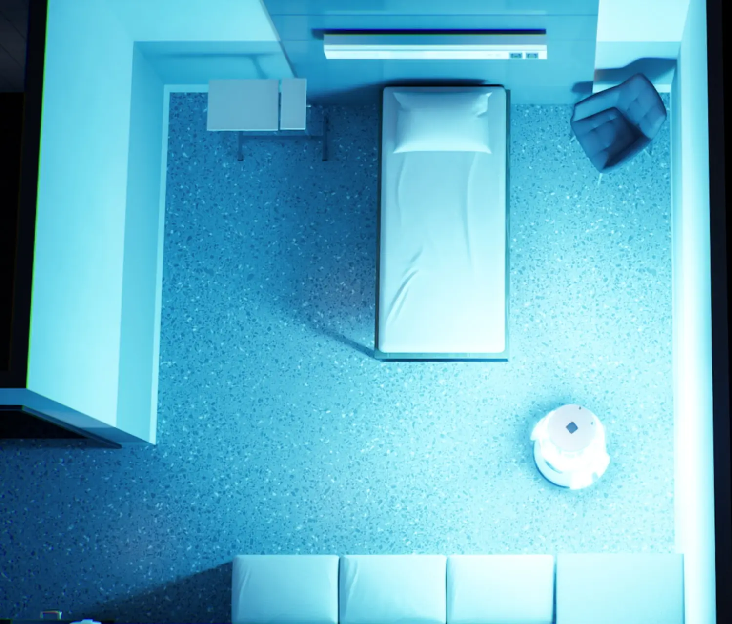 Overhead room illustration showing furniture blocking light from a UV-C robot and casting shadows behind objects.