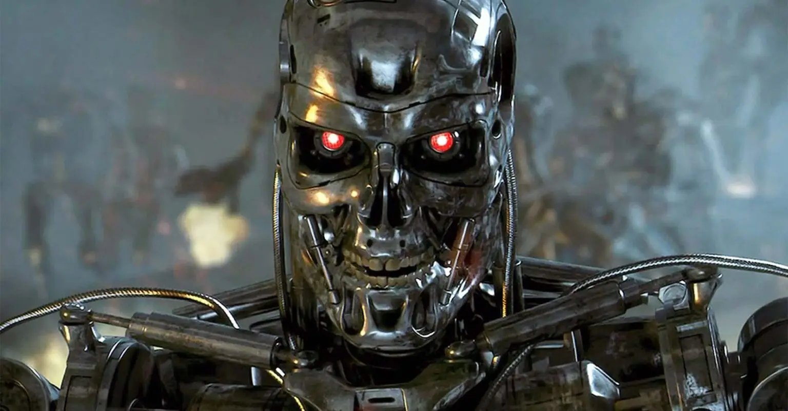 A metallic Terminator robot with glowing red eyes, illustrating the villain robot archetype.