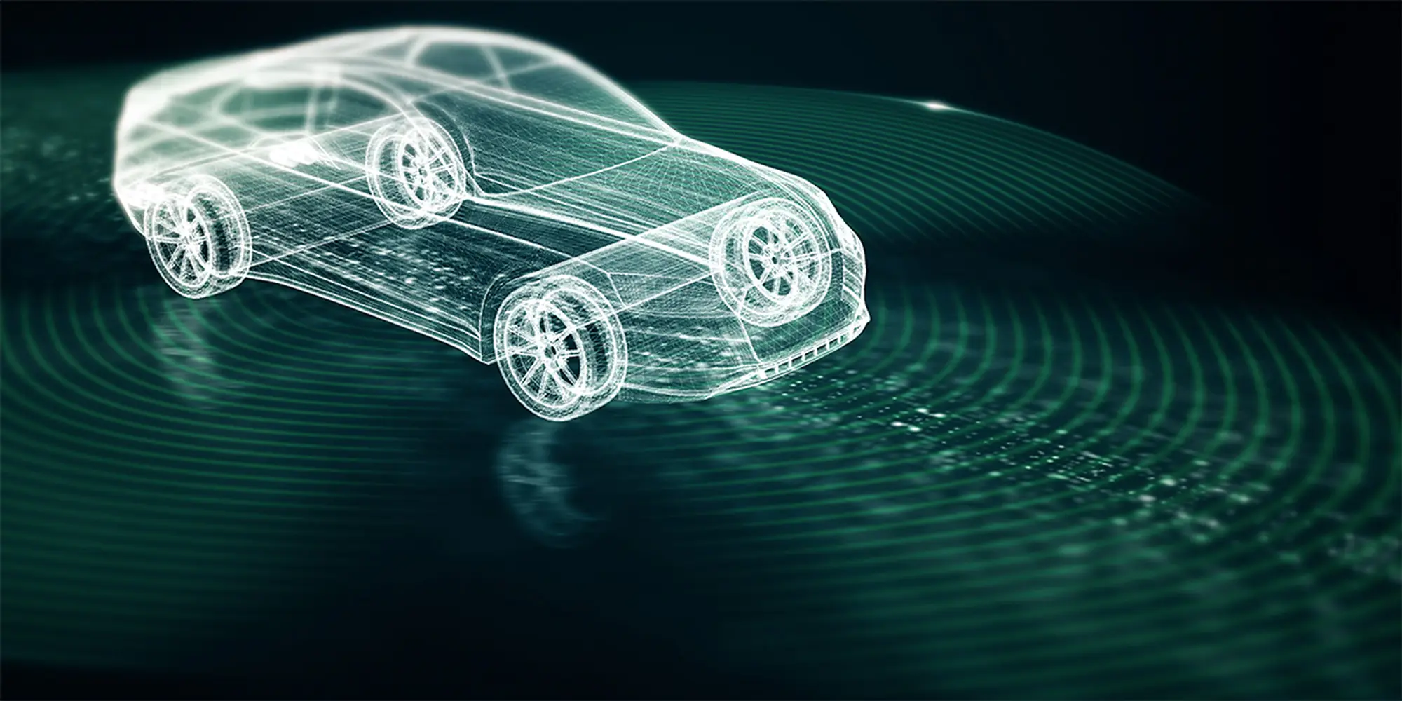 Wireframe outline of a car on a dark grid, concentric scan rings spreading outward from it.