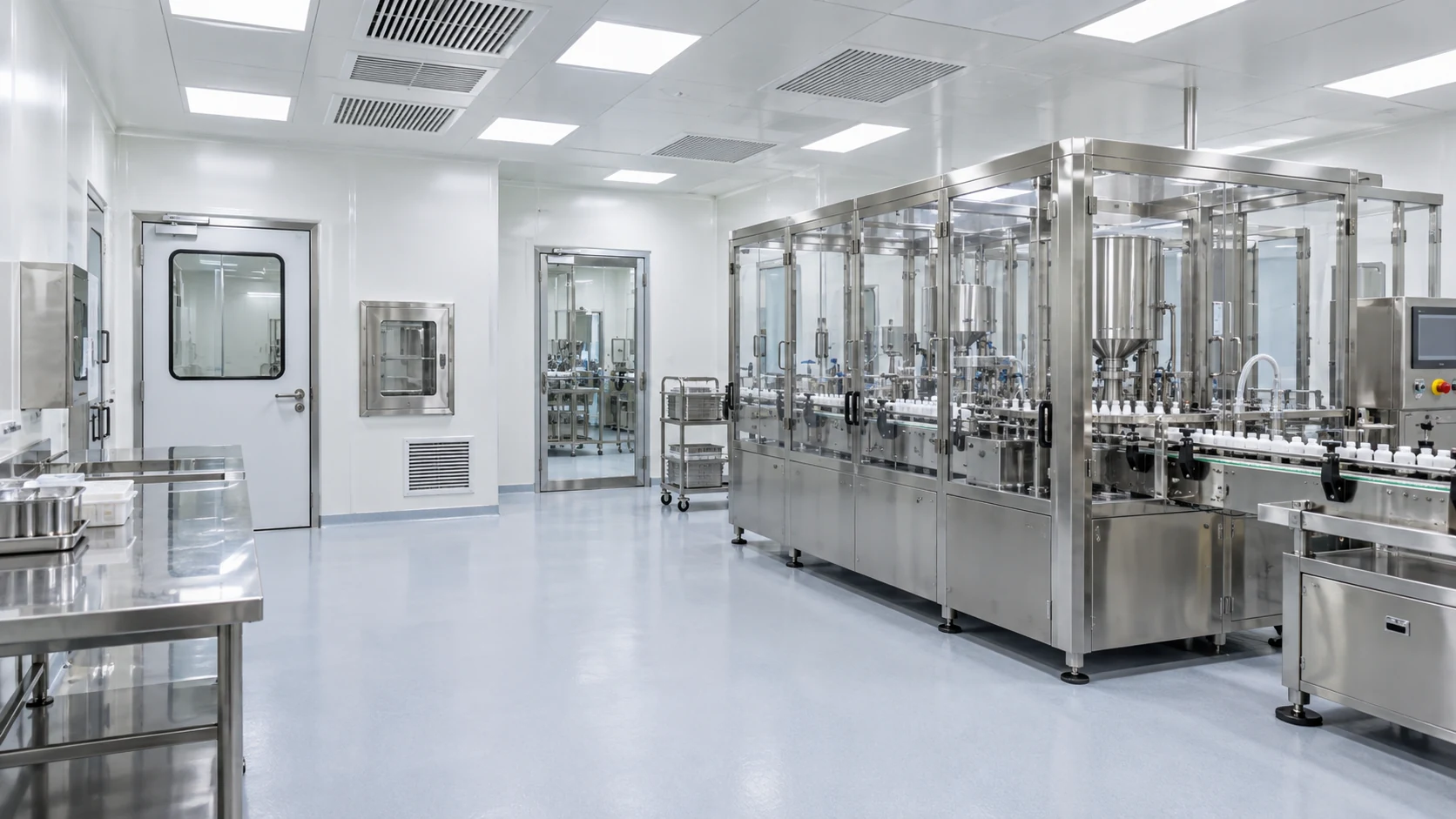 Illustration of a pharmaceutical manufacturing cleanroom with enclosed filling equipment, stainless-steel work surfaces, and open walking space